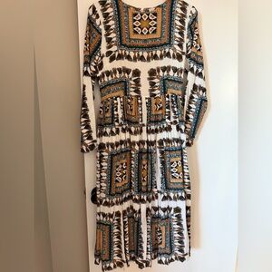 Dainty Jewells White Midi Dress with Teal and Mustard Geometric Print